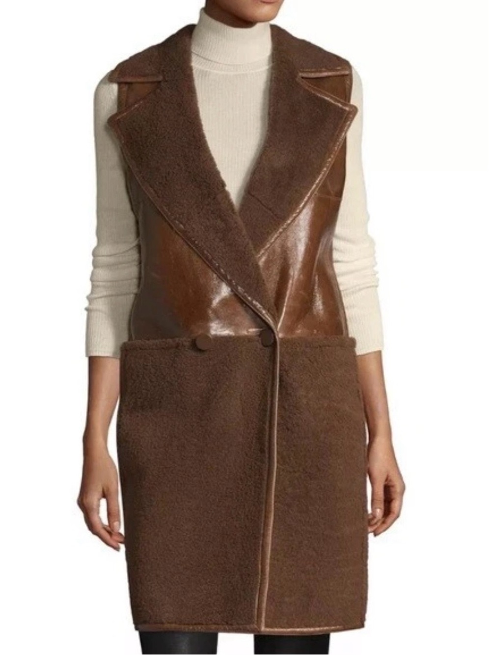 MaxMara Brown Shearling-Trim Leather Vest